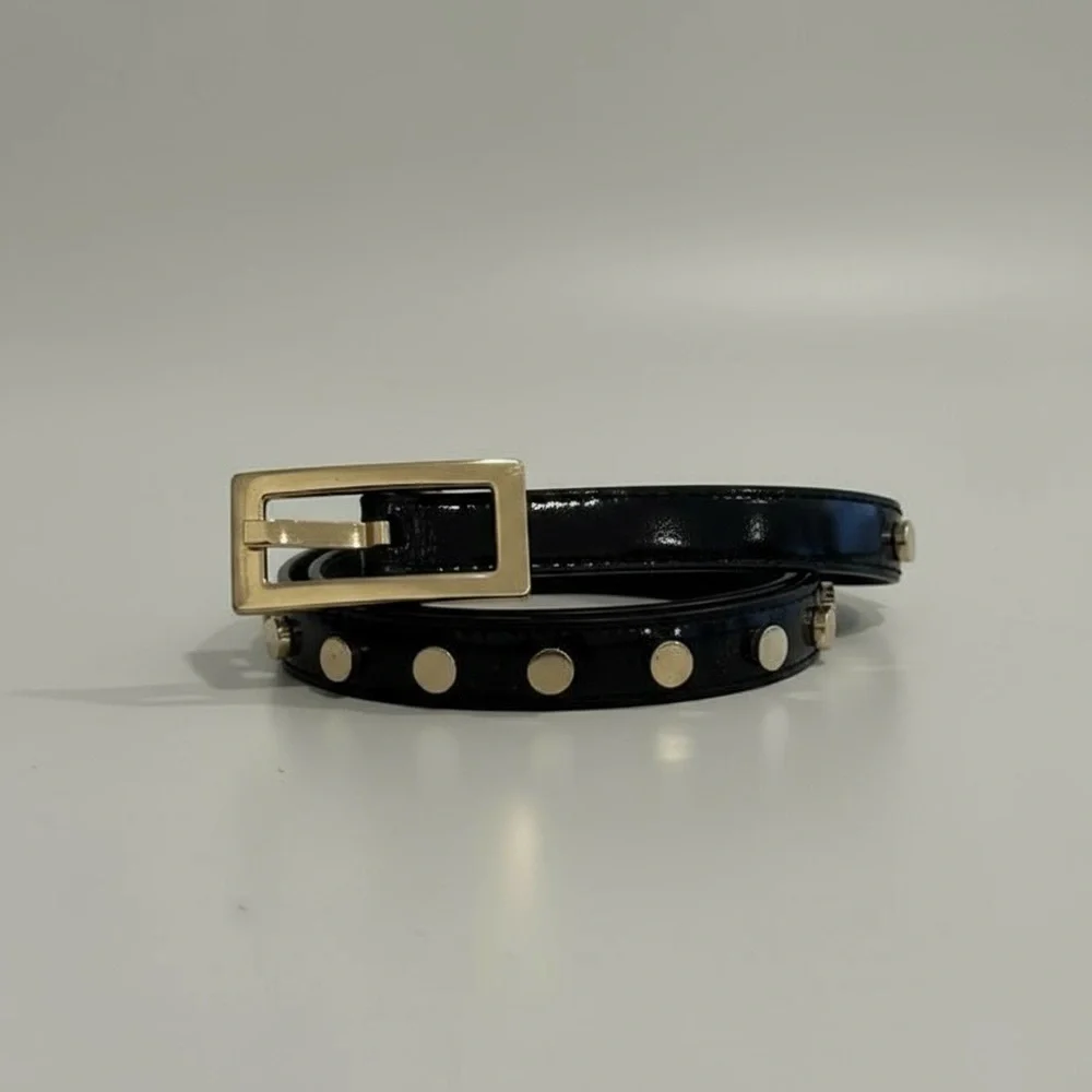 Escada Vintage early 1990's thin black patent belt with gold embellishments